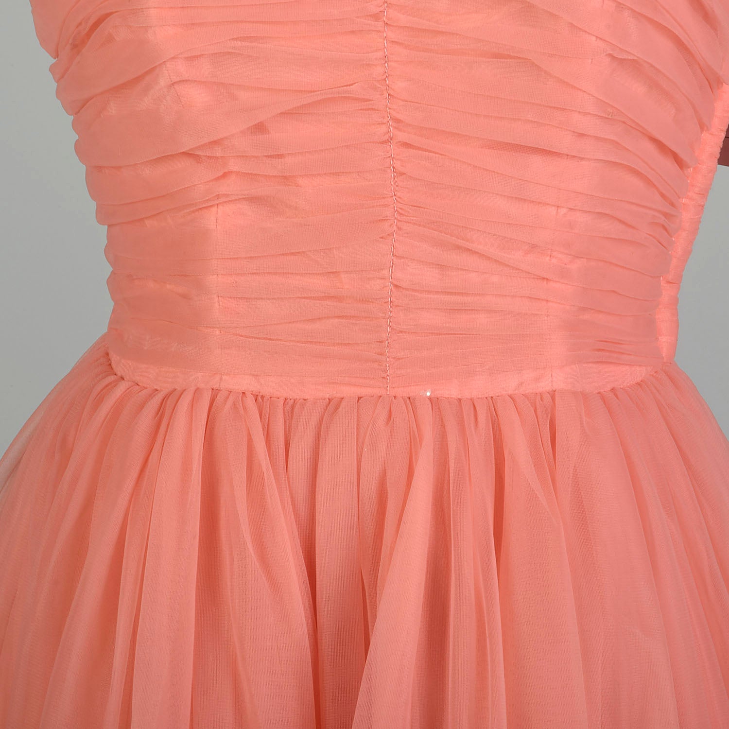 Small 1950s Pink Coral Prom Dress Bead Embellished Ruched Chiffon Bodice