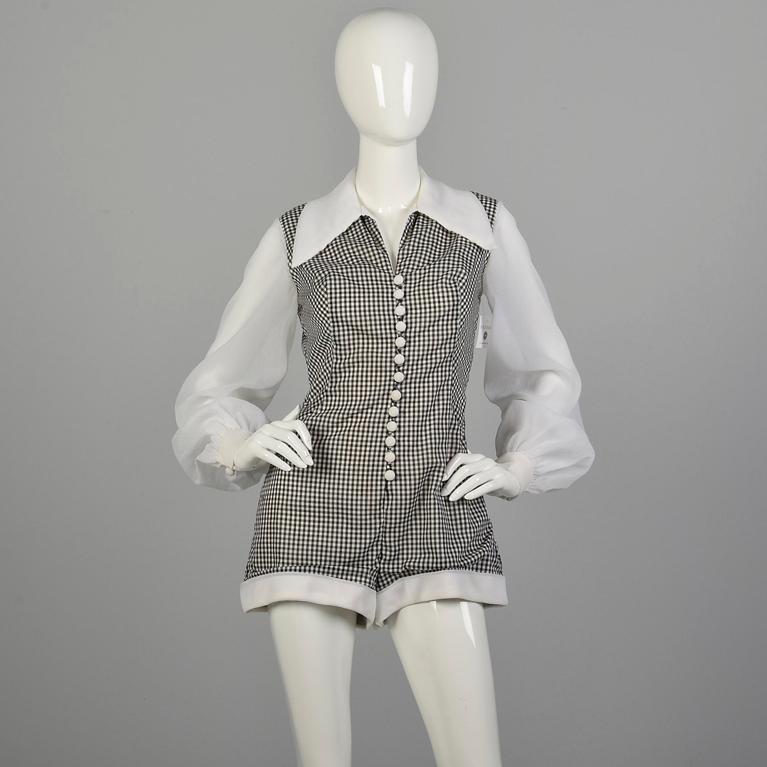 Small 1970s Romper Black and White Checkered Lace Overskirt Sheer Longsleeves