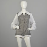 Small 1970s Romper Black and White Checkered Lace Overskirt Sheer Longsleeves