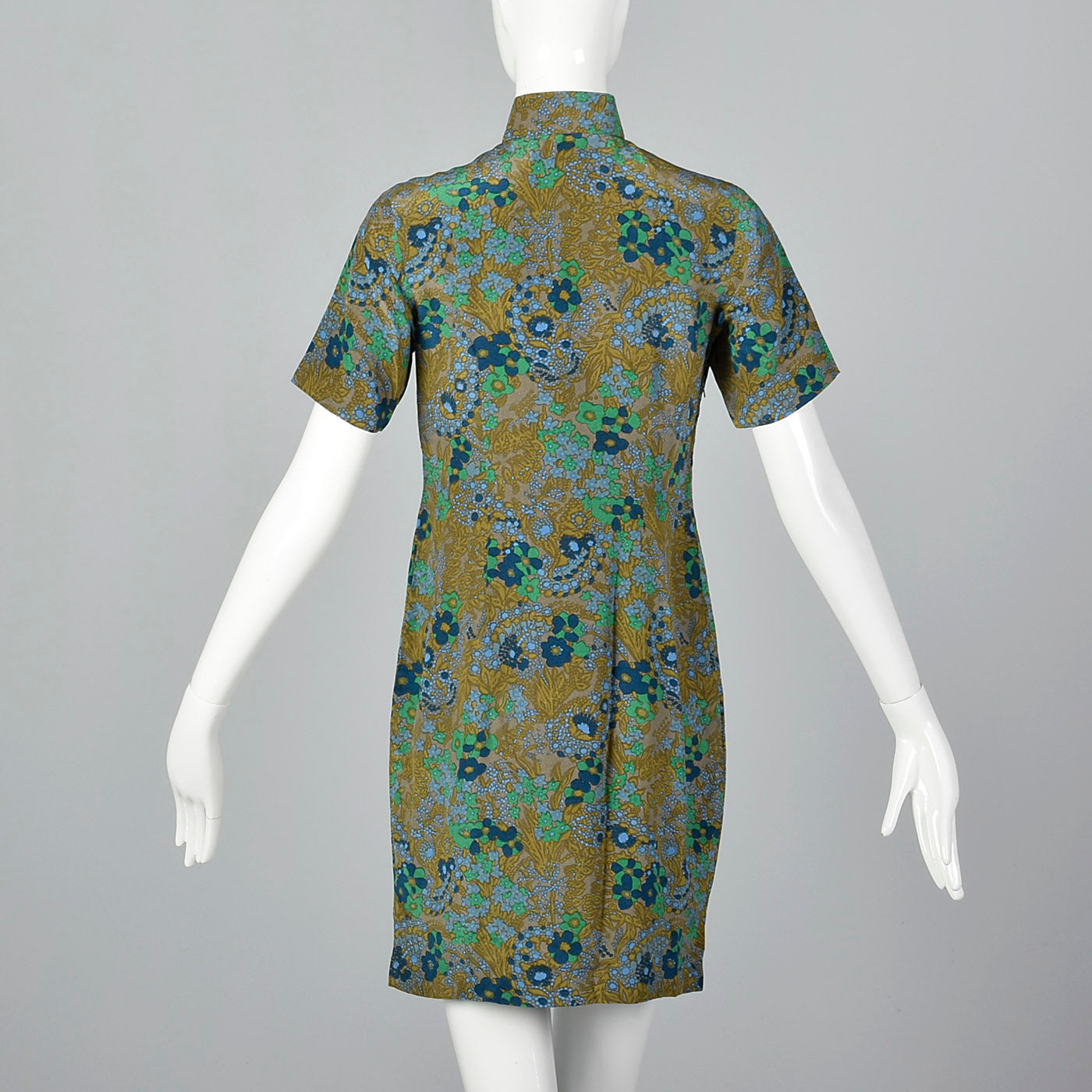 1960s Green and Blue Floral Dress with Mandarin Collar