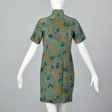 1960s Green and Blue Floral Dress with Mandarin Collar