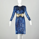 Medium 1980s Blue Velvet Cocktail Dress Long Sleeve Gold Eyelash Lame