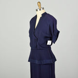 Large 1940s Dress Navy Blue Rayon Peplum Low Cut 'V' Neckline