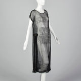 1920s Beaded Sheer Black Dress with Hip Sashes