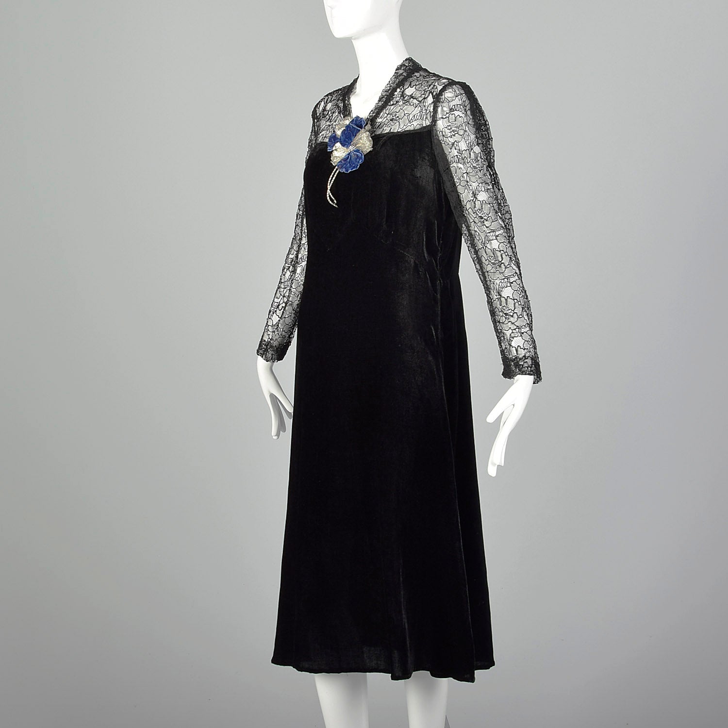 Medium 1930s Velvet Dress with Sheer Lace Top