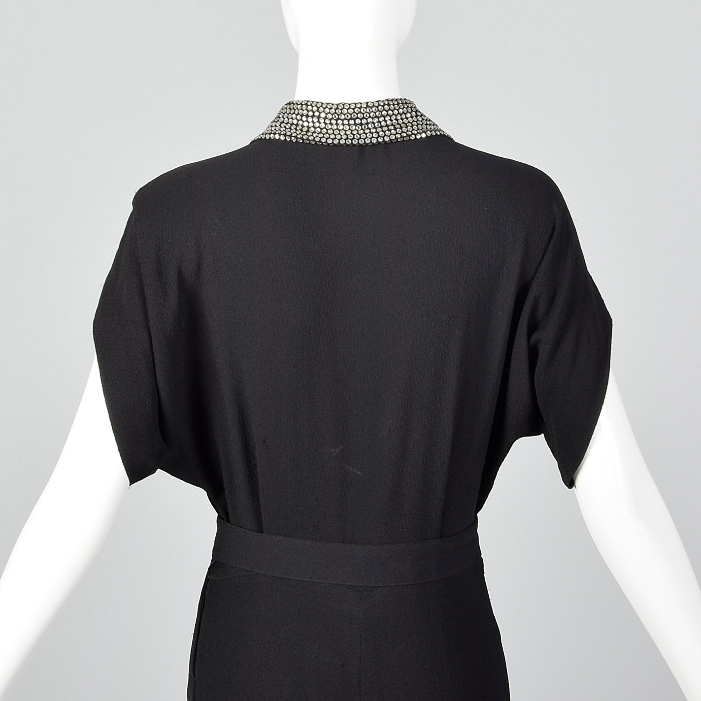 1940s Black Rayon Dress with Rhinestone Collar