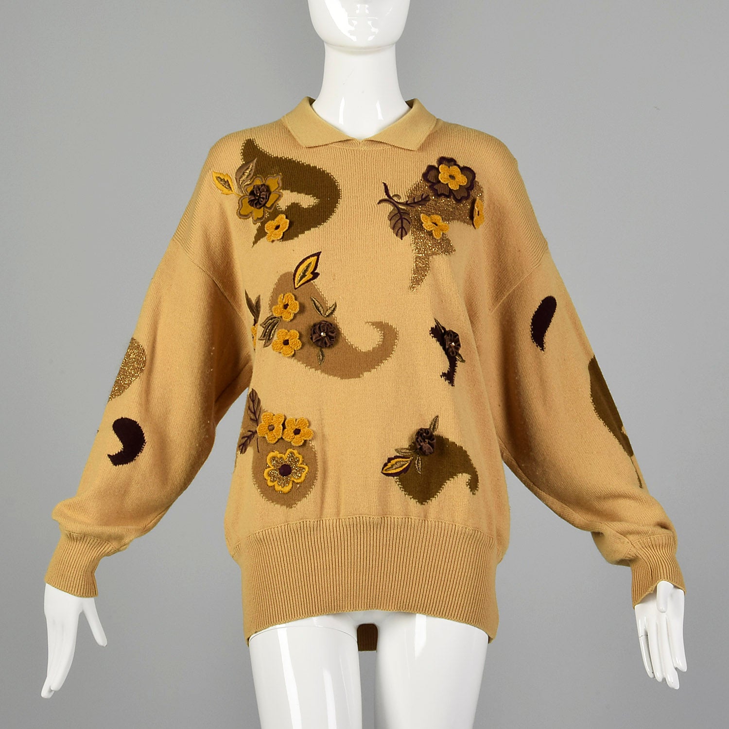 Large Escada 1980s  Tan Brown Sweater with Floral Appliques