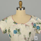 Large 1950s Blue Rose Bouquet Summer Day Dress  Cap Sleeve Novelty Print