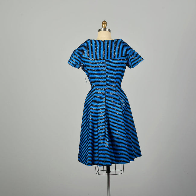 Medium 1950s Dress Blue Short Sleeve Striped Glitter Flocked Shawl Collar