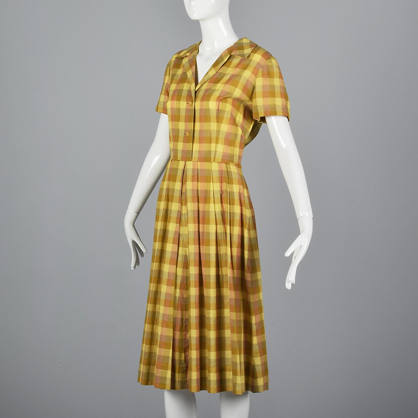 1950s Yellow Plaid Cotton Day Dress