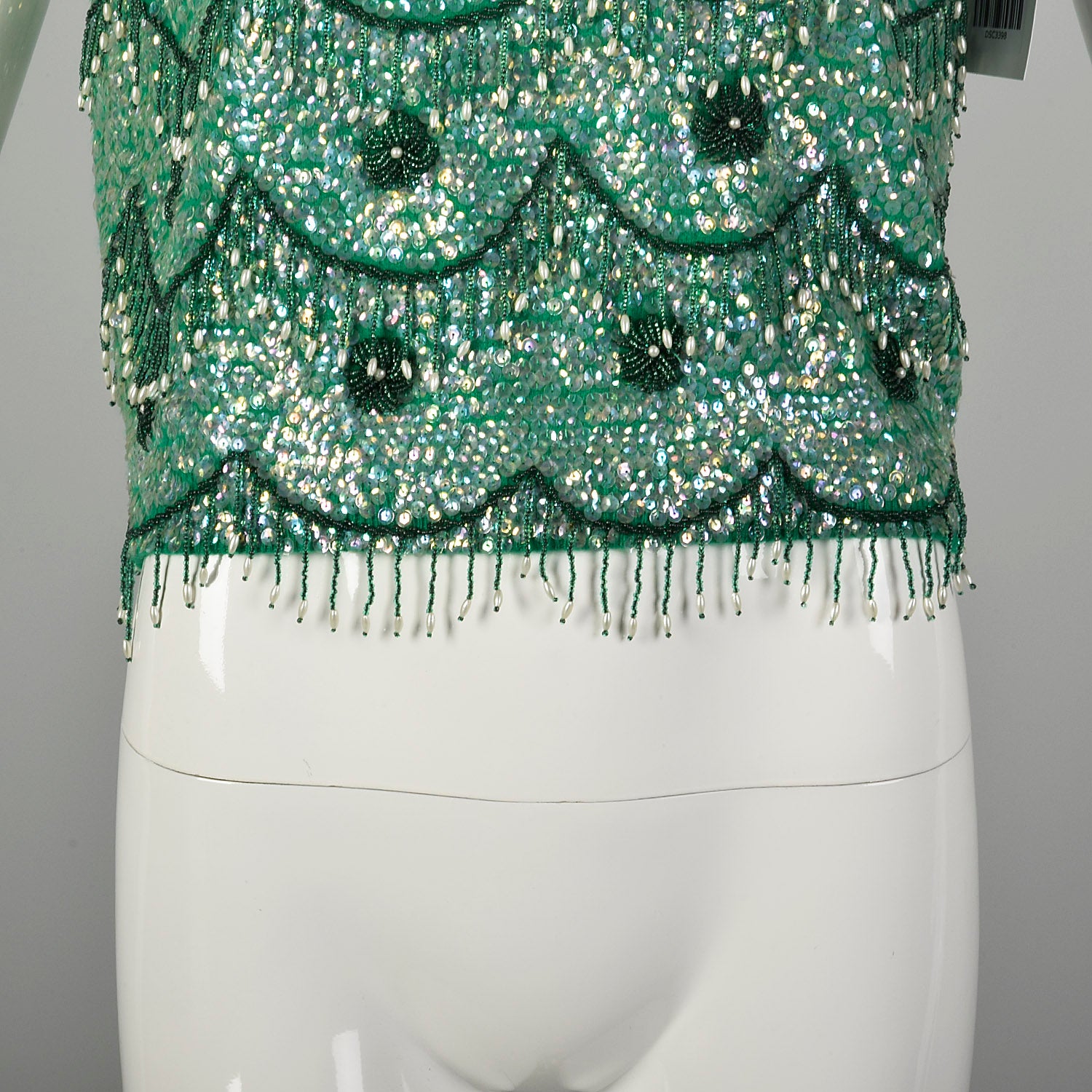 Medium 1960s Top Sleeveless Sequin Green Beaded Cocktail Evening Shirt