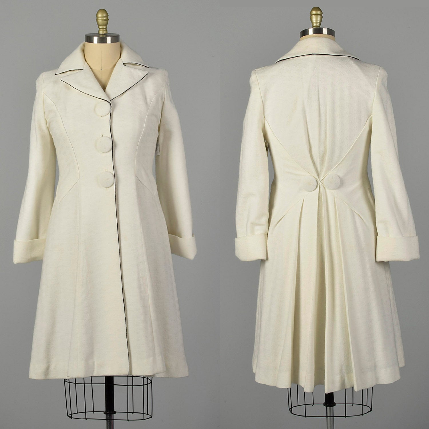 Medium 1960s White Knit Princess Coat with Huge Buttons Autumn Outerwear