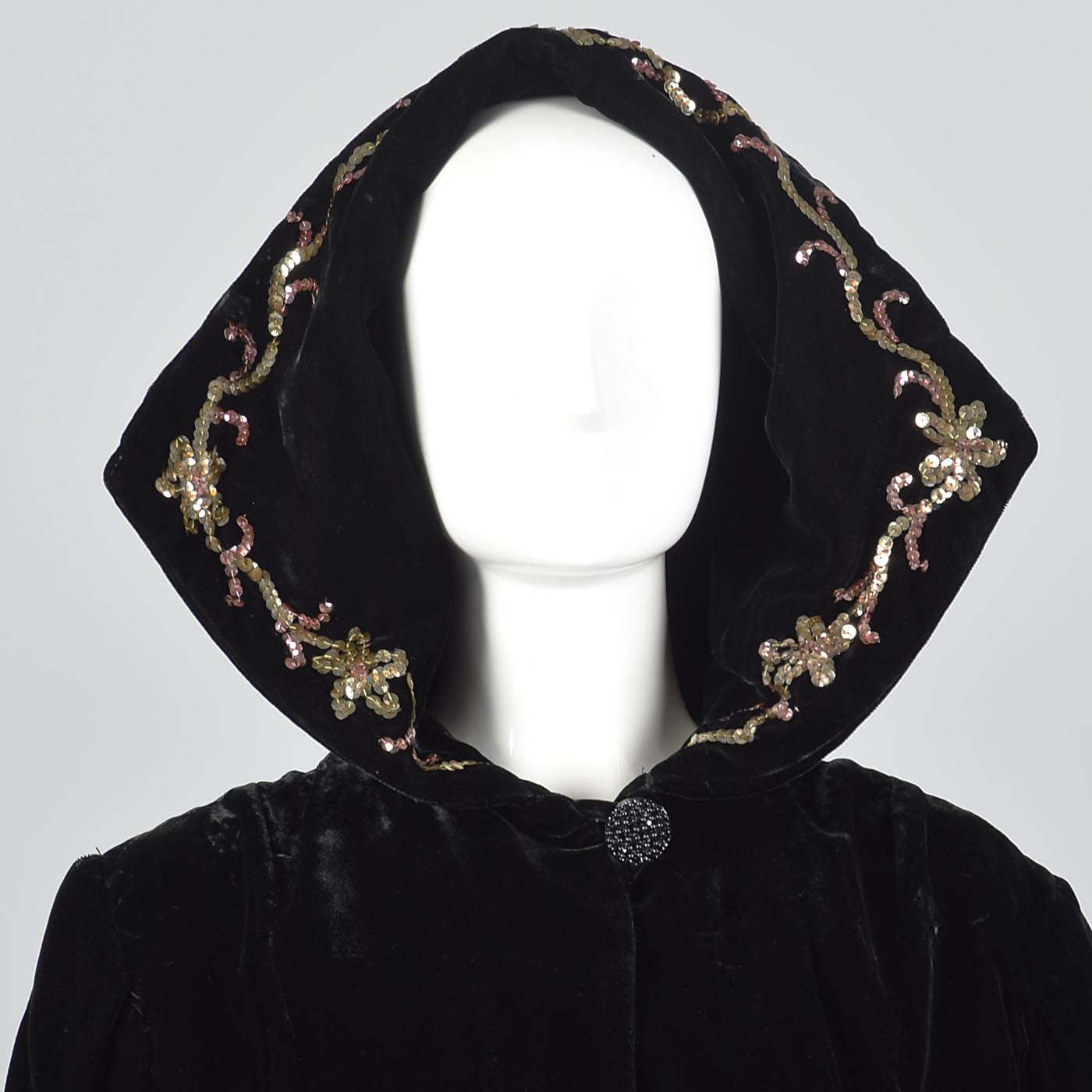 1940s Black Velvet Coat with Sequin Hood