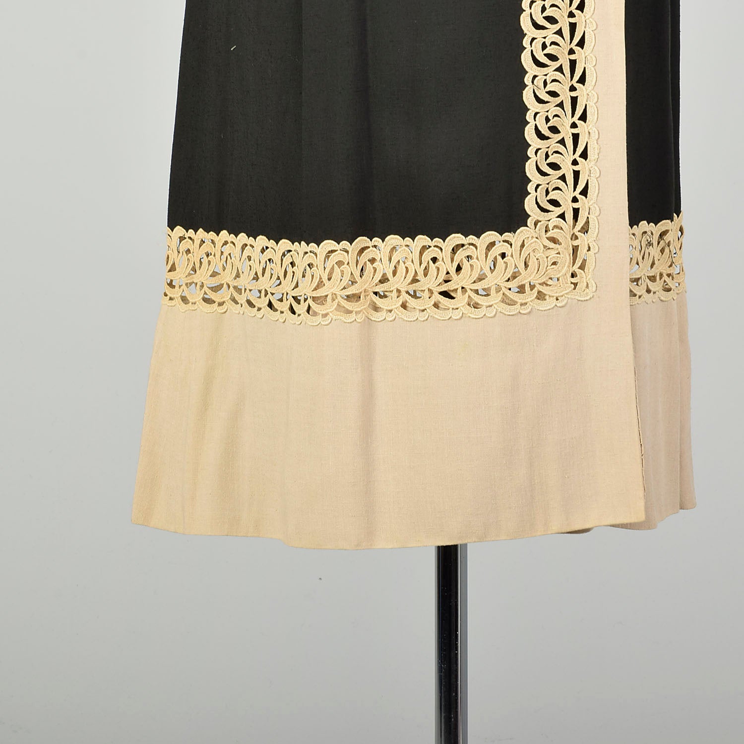Large 1950s Wrap Dress Asymmetric Cape Collar Black Cream Applique