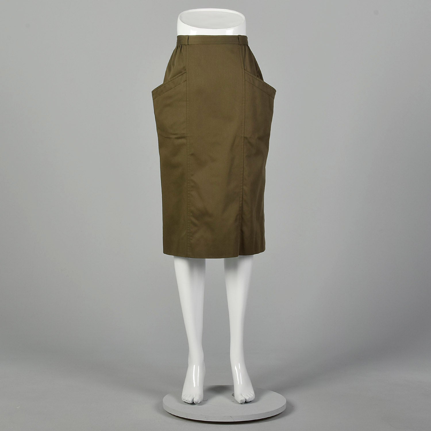 XS Rodier 1970s Green Twill Pencil Skirt With Large Pockets And Snap Up Back
