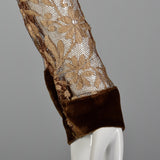 1930s XS Brown Lace Long Sleeve Drop Waist Velvet Trim Dress