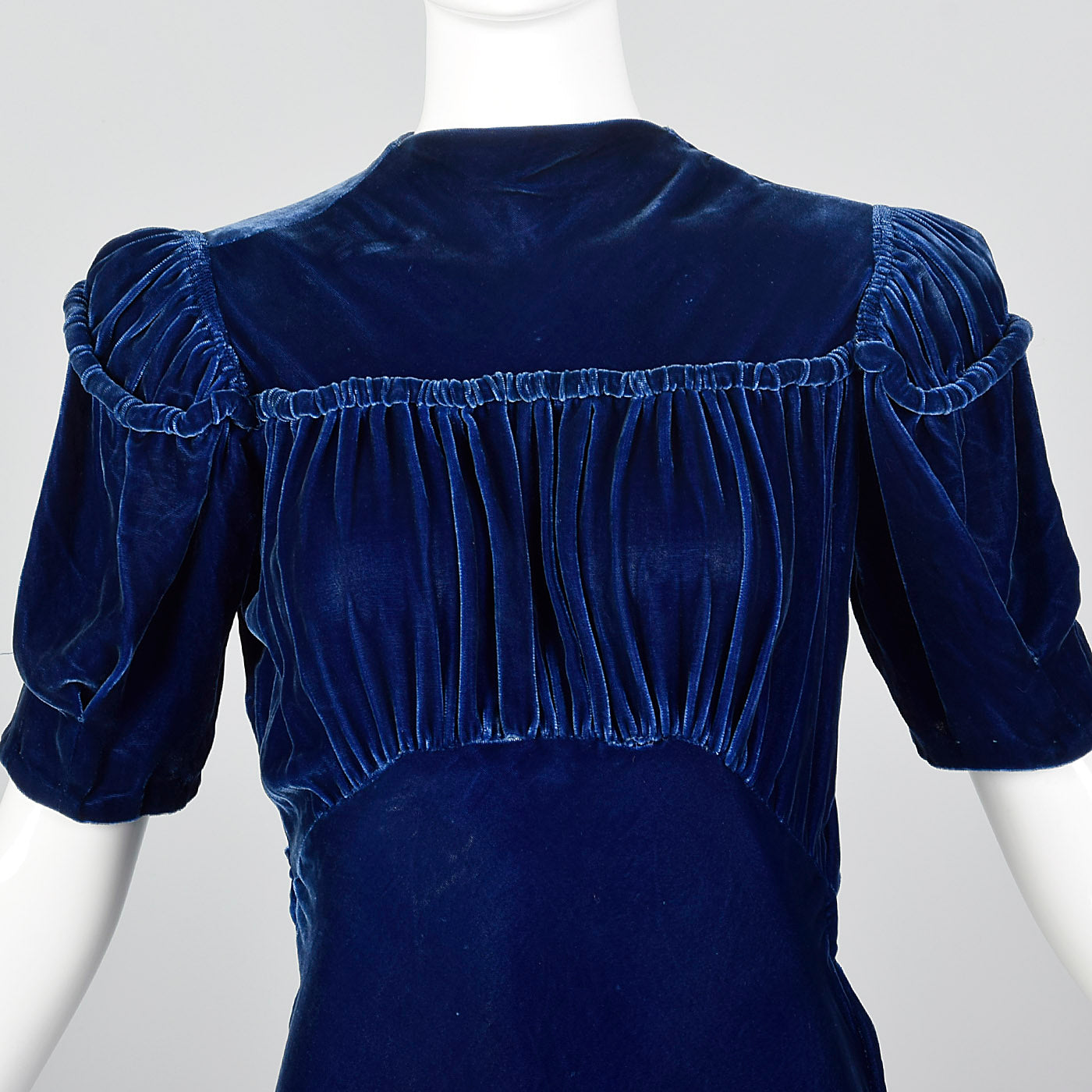 1940s Blue Silk Velvet Gown with Gathered Bust