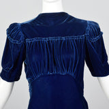 1940s Blue Silk Velvet Gown with Gathered Bust
