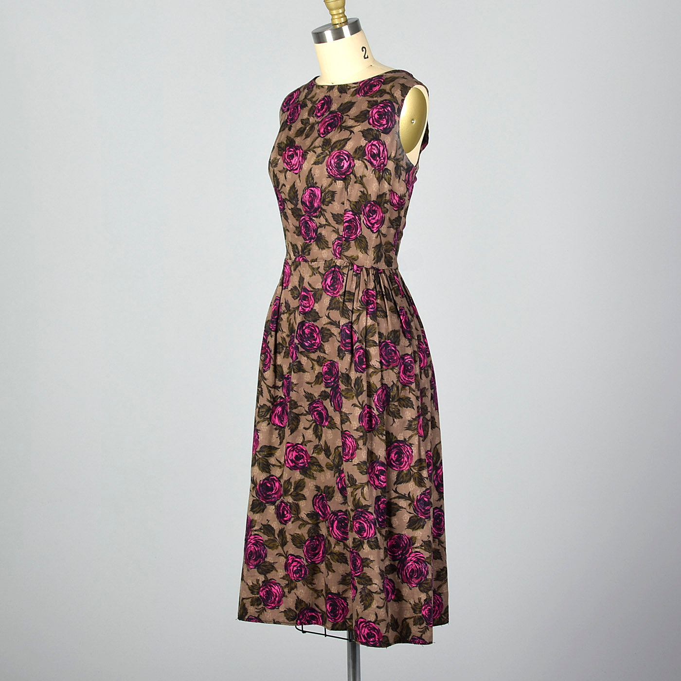 1950s Brown and Pink Rose Print Dress