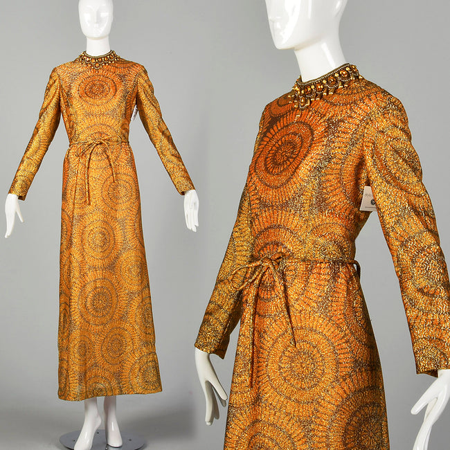 1970s Adele Simpson Evening Dress Metallic Orange Formal Gown with Long Sleeves