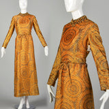 1970s Adele Simpson Evening Dress Metallic Orange Formal Gown with Long Sleeves
