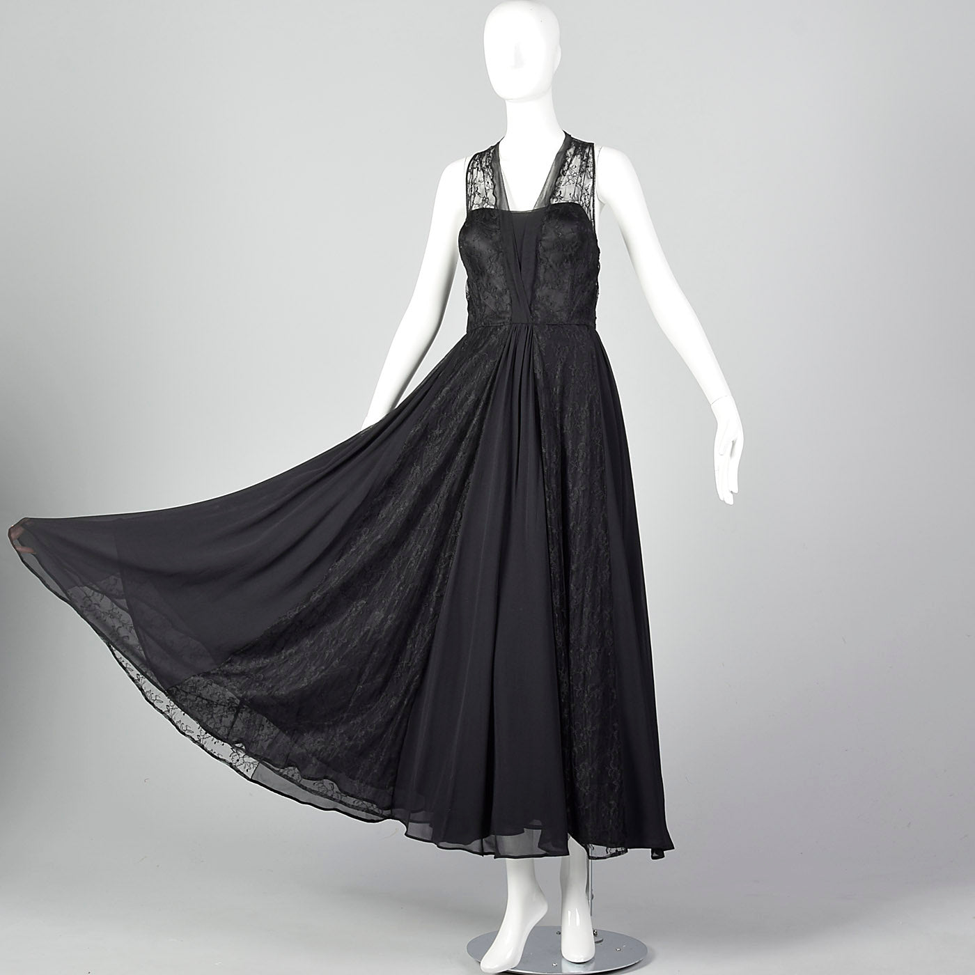 1990s Rickie Freeman for Teri Jon Black Silk and Lace Evening Gown