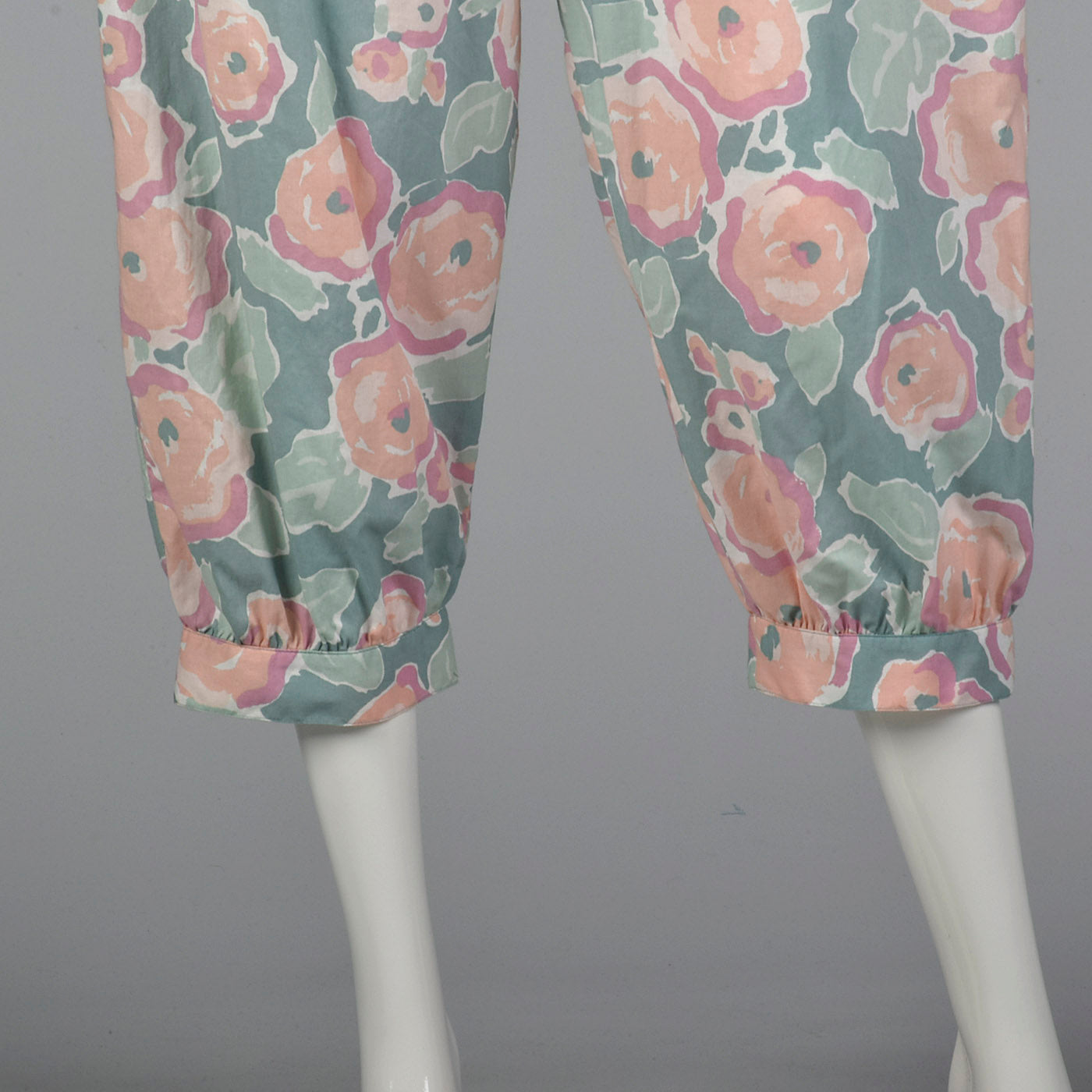 1980s Sage Green Jumpsuit with Pastel Floral Print