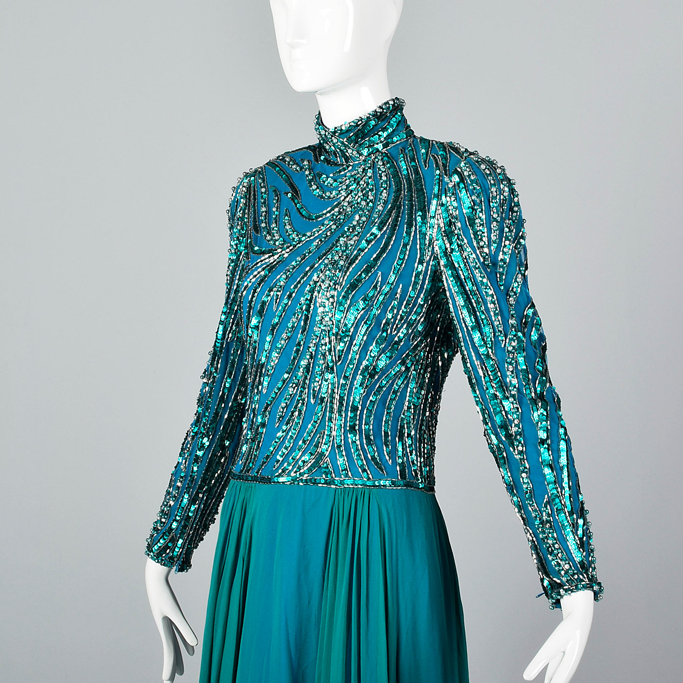 Sequined Bob Mackie Gown with a Layered Silk Chiffon Skirt