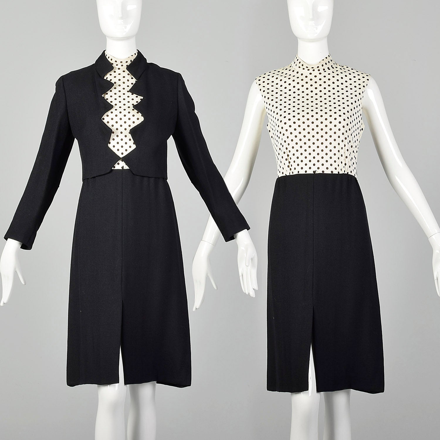 Large 1960s Black and White Polka Dot Dress Set