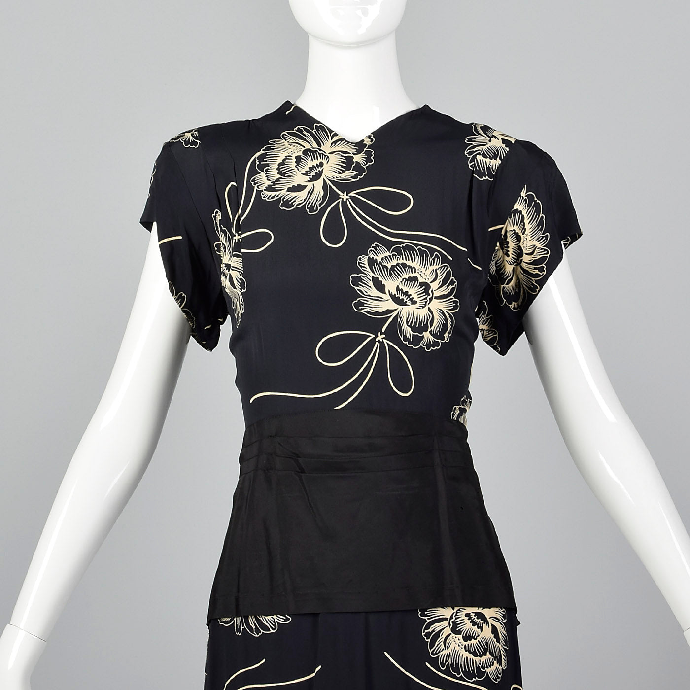 1940s Navy Rayon Dress with Black Taffeta Peplum