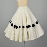 XS 1950s  White Brocade Circle Skirt with Velvet Ribbon