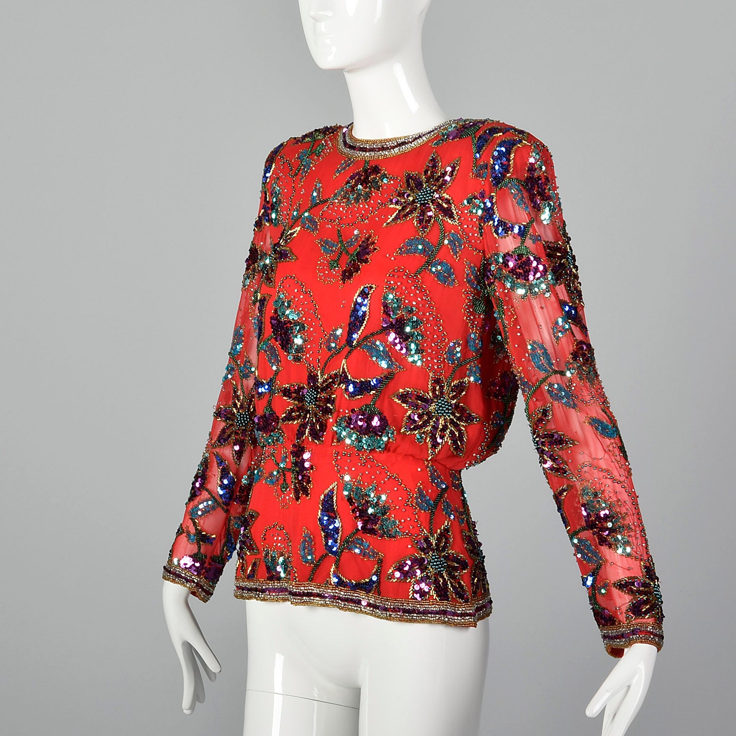 1980s Oleg Cassini Red Silk Beaded Top