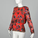 1980s Oleg Cassini Red Silk Beaded Top