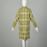 Small 1960s Two Piece Set Green Beige Plaid Fleck Tweed  Separates Ensemble Skirt Jacket