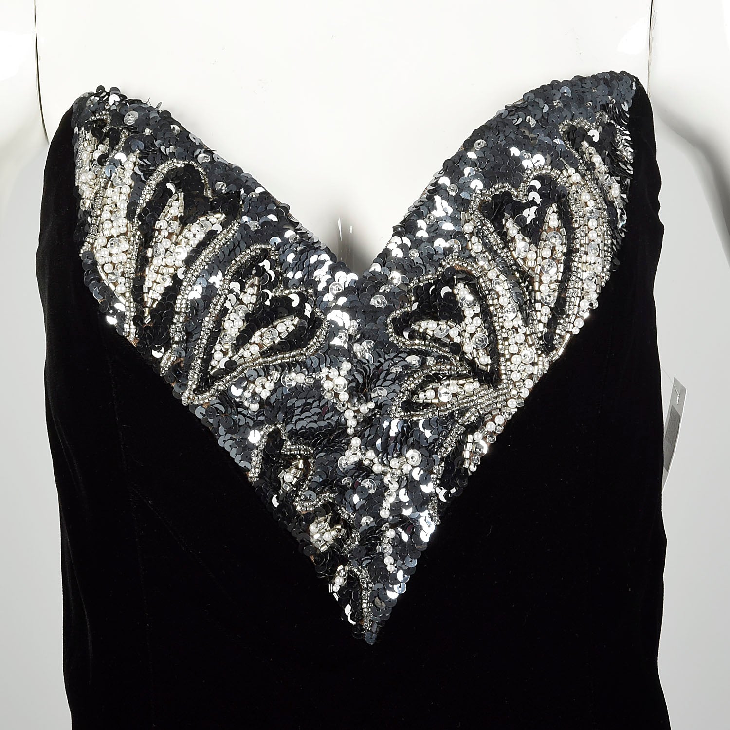 Large 1990s Oleg Cassini Black Tie Dress Velvet Beaded Strapless Cocktail Mini