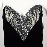 Large 1990s Oleg Cassini Black Tie Dress Velvet Beaded Strapless Cocktail Mini