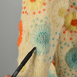 Small 1960s Boho Cardigan Cream Sweater with Multi-Color Floral Embroidery