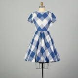 Medium 1950s Day Dress Blue Plaid Cotton Short Sleeve Fit and Flare Summer