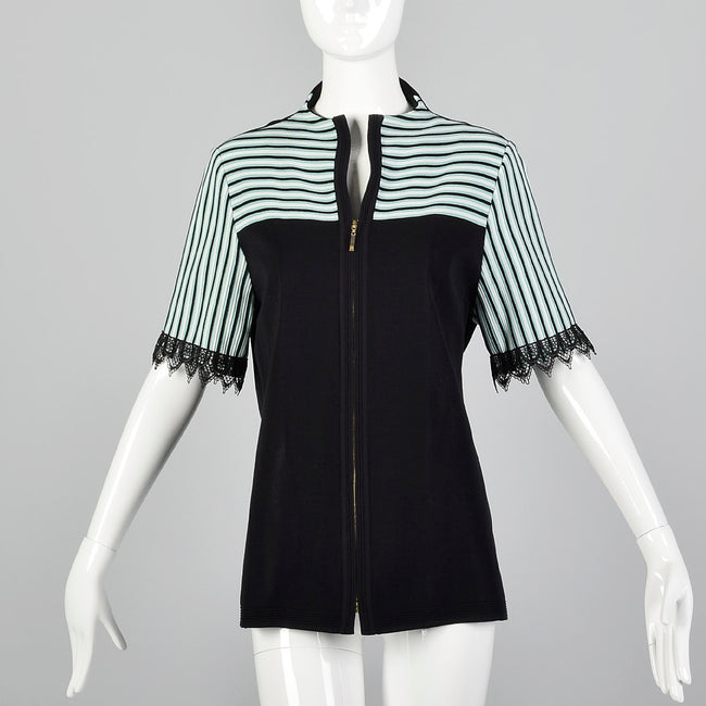 2000s Misook Black and Blue Striped Knit Shirt