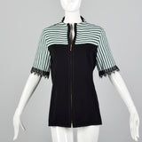 2000s Misook Black and Blue Striped Knit Shirt