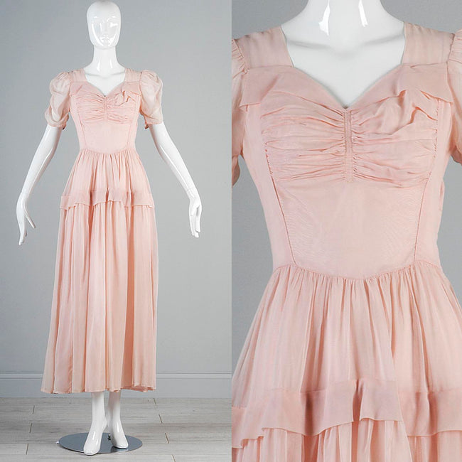 1940s Old Hollywood Pink Sheer Chiffon Dress