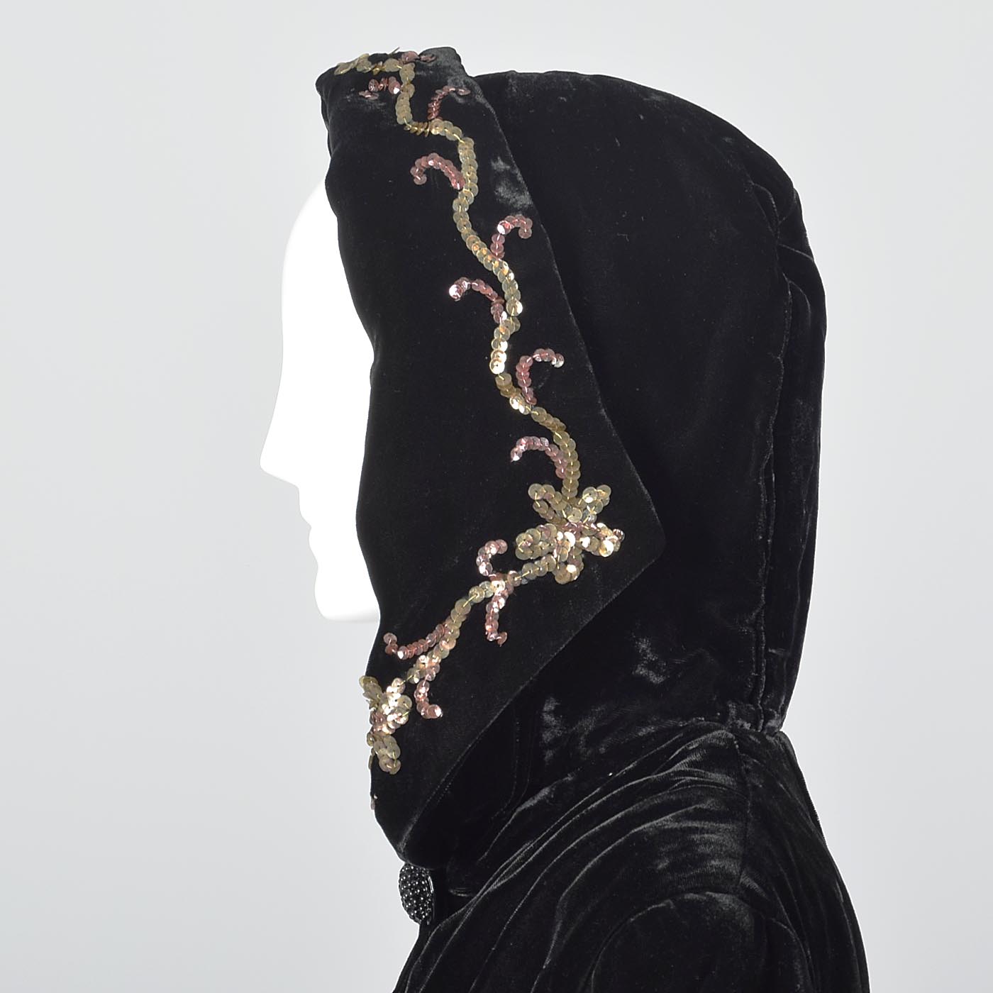 1940s Black Velvet Coat with Sequin Hood