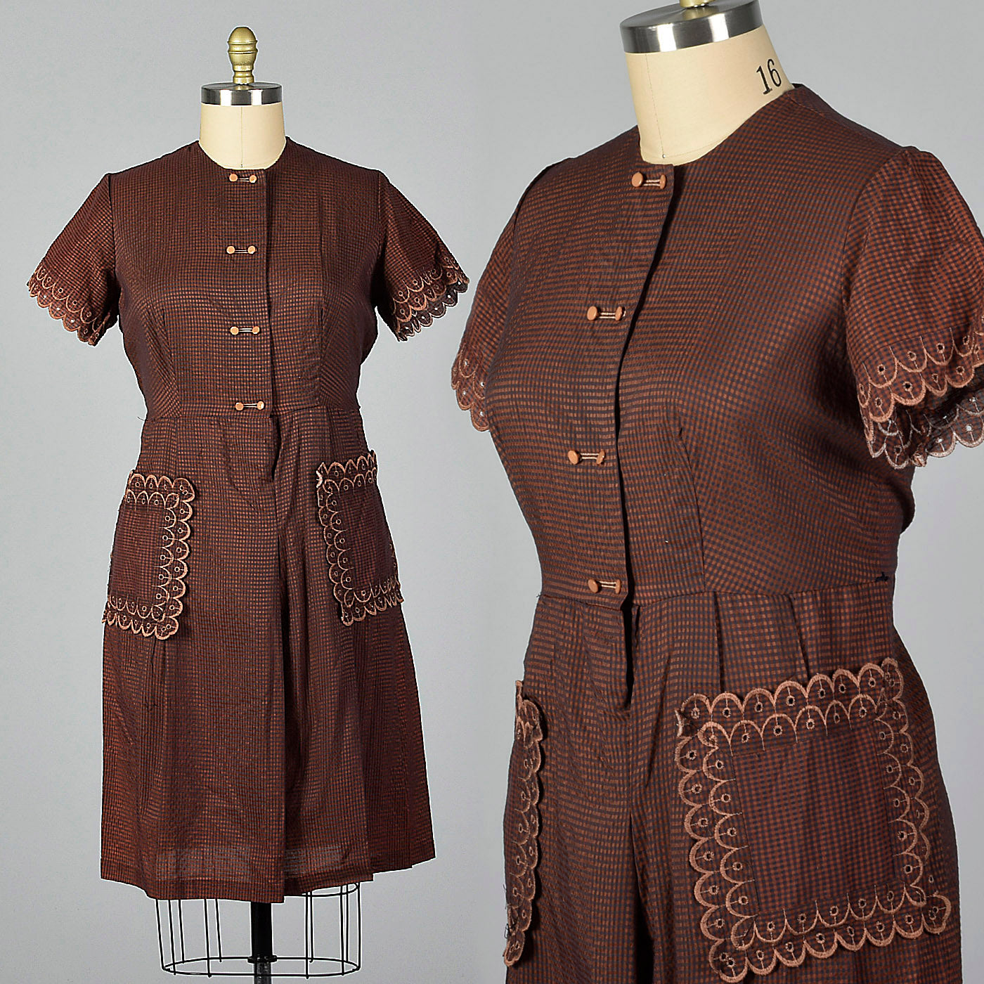 1950s Brown and Navy Gingham Day Dress