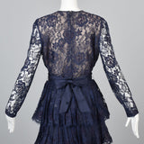 1970s Scaasi Boutique Navy Blue Formal Lace Evening Dress