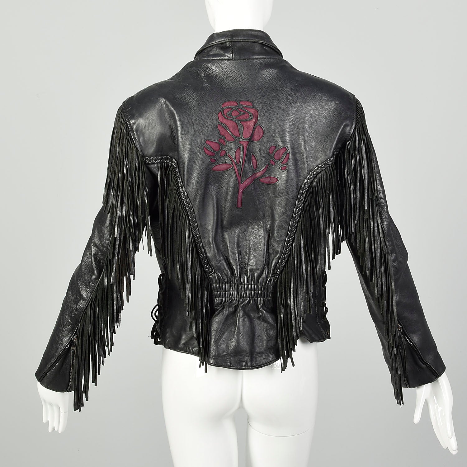 Small 1980s Black Leather Biker Jacket Fringe Purple Rose Inlays Zip Out Lining