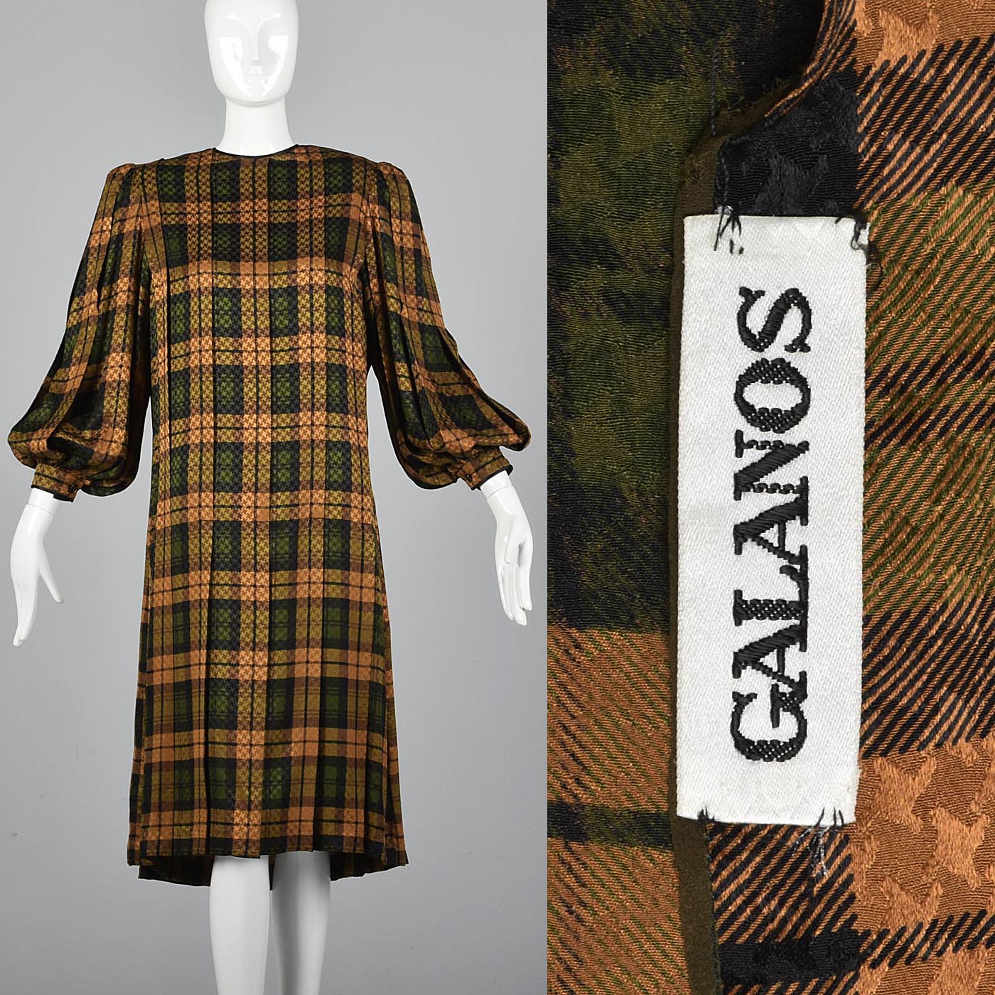 Galanos Pleated Silk Dress in Plaid with Bishop Sleeves