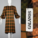Galanos Pleated Silk Dress in Plaid with Bishop Sleeves