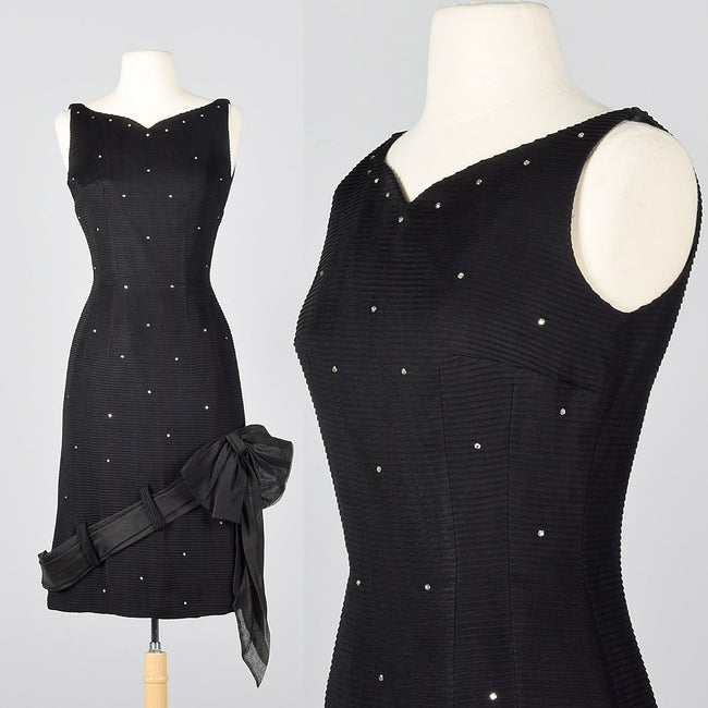 1950s Black Dress with Rhinestones and Asymmetric Bow