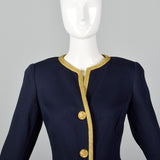 1980s Bill Blass Navy Dress with Gold Tone Metal Braided Trim