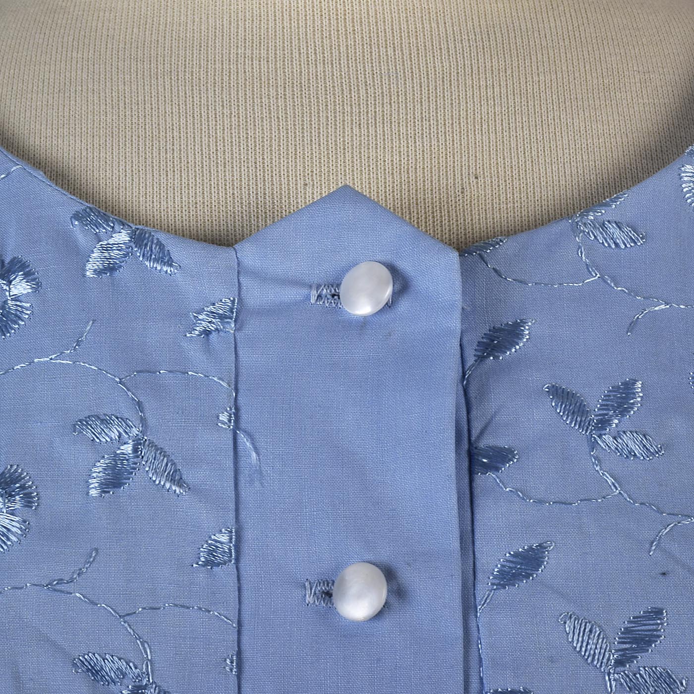 1950s Blue Day Dress with Floral Embroidery